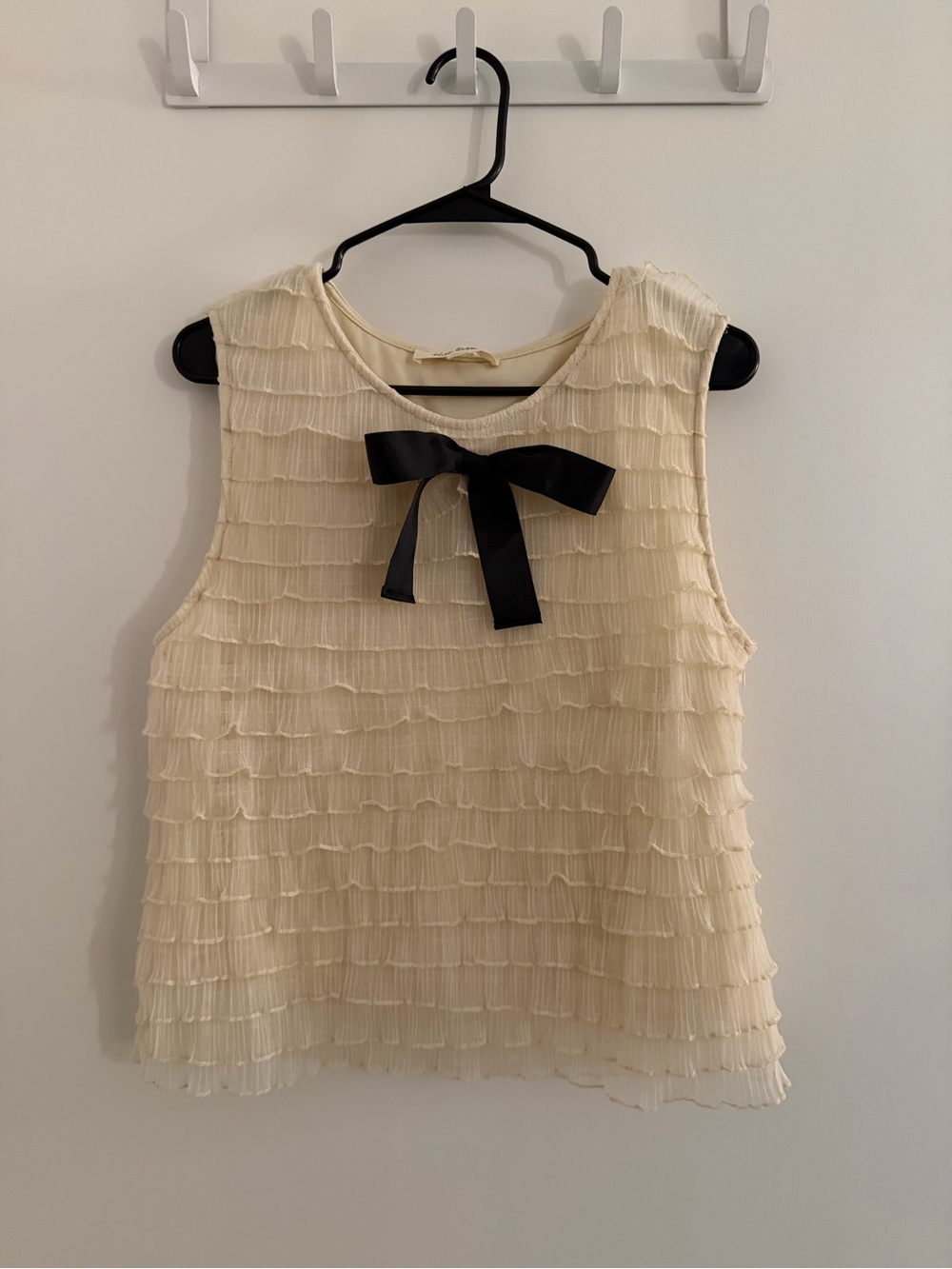 Anthropologie Cream Layered Ruffle Tank with Black Bow